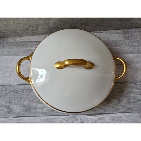 Limoges Porcelain Lidded Soup Tureen With Gold Handles & Trim - Picture 3 of 8